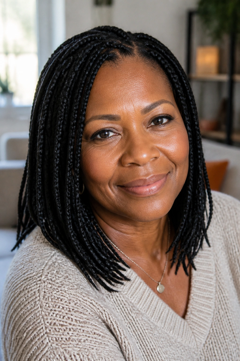 Close-up of a woman over 50 with medium knotless box braids.