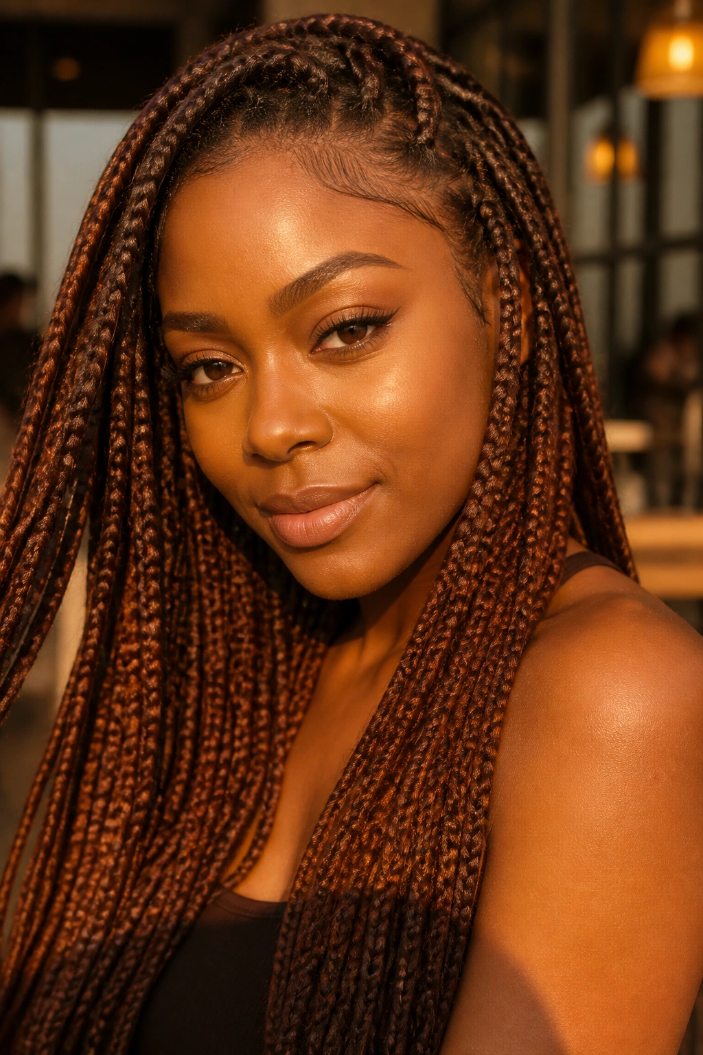 Close-up of a real person with knotless braids in a shade that flatters warm undertones