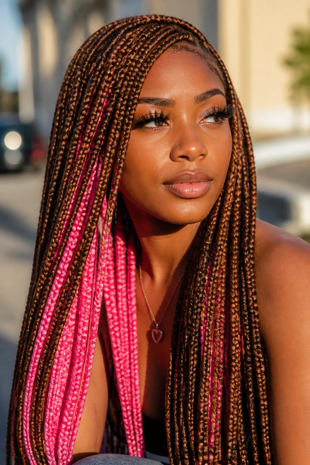 Close-up of caramel base knotless braids with neon pink peeking at the bottom.