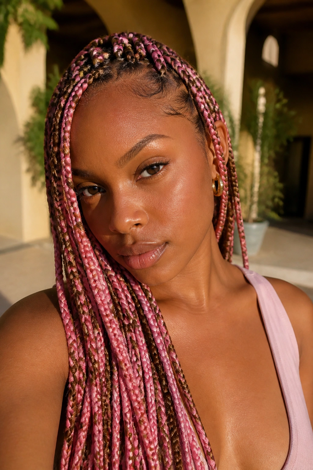 Close-up of chestnut brown knotless braids with bubblegum pink mix throughout.