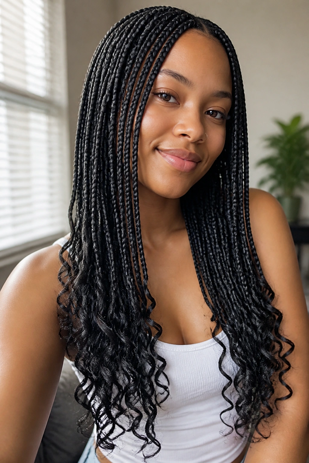 Close-up of knotless box braids with curly ends on a real person