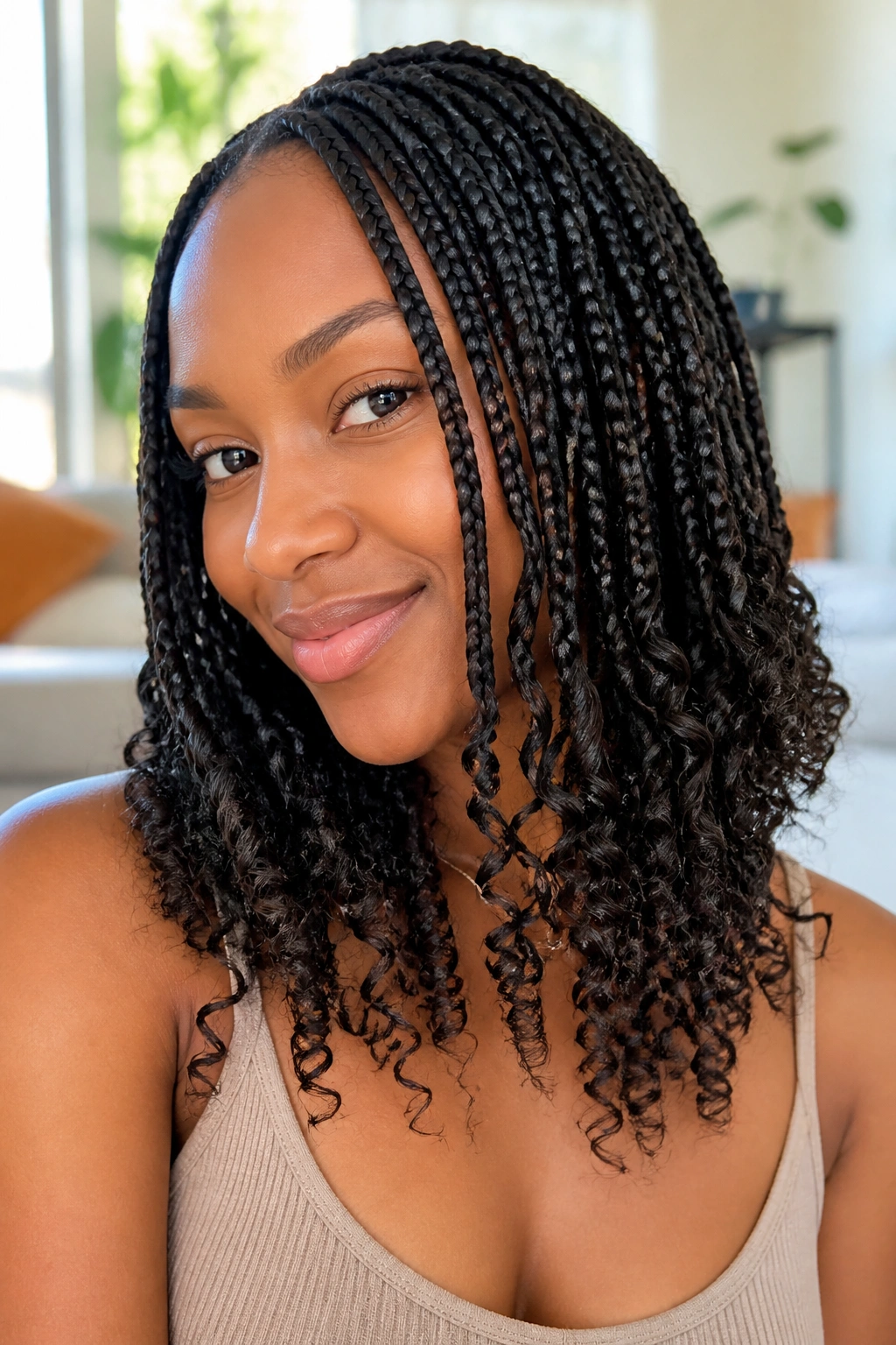 Real person with knotless braids ending in curly French ends.