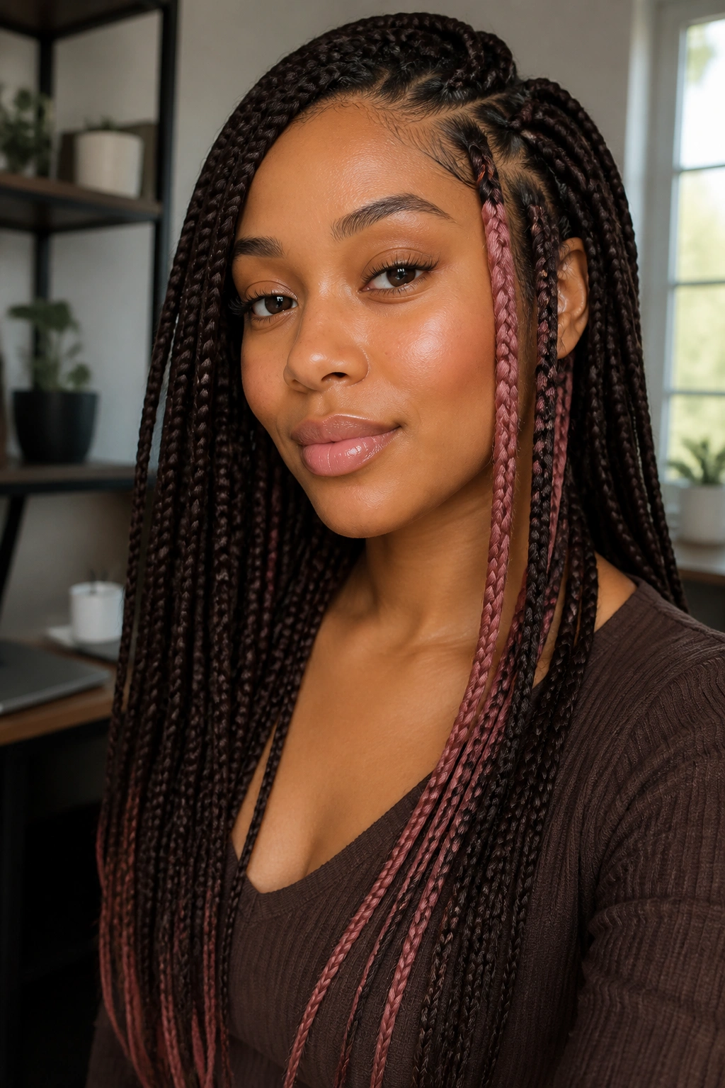 Close-up of dark cocoa knotless braids with dusty rose accents near the face.