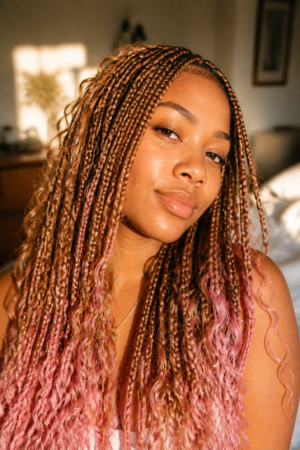 Close-up of honey brown knotless braids with rose quartz ends on a real person.