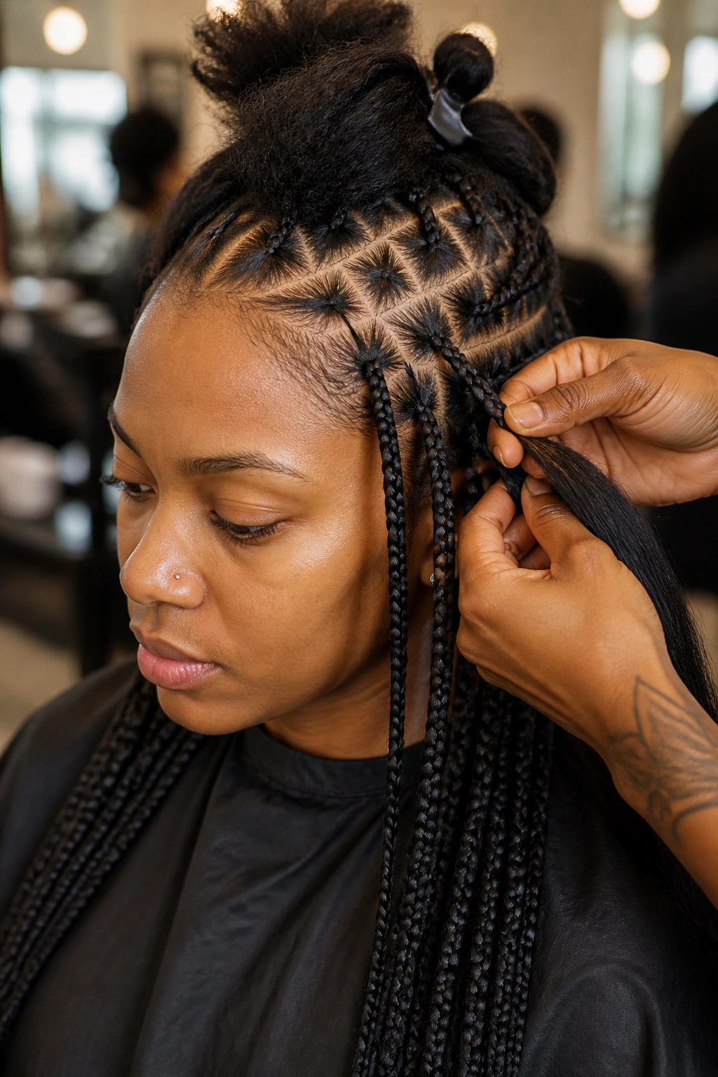 Real person during knotless braids installation showing crisp partings