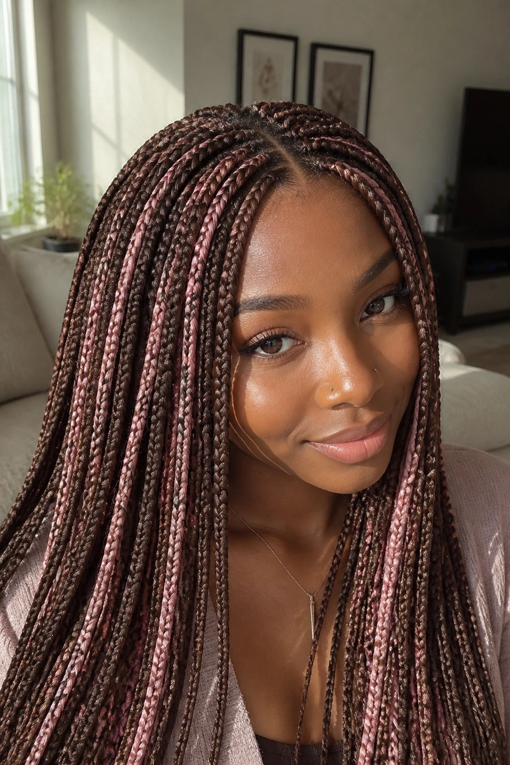 Close-up of a real woman with mocha brown knotless braids and subtle pastel pink highlights.