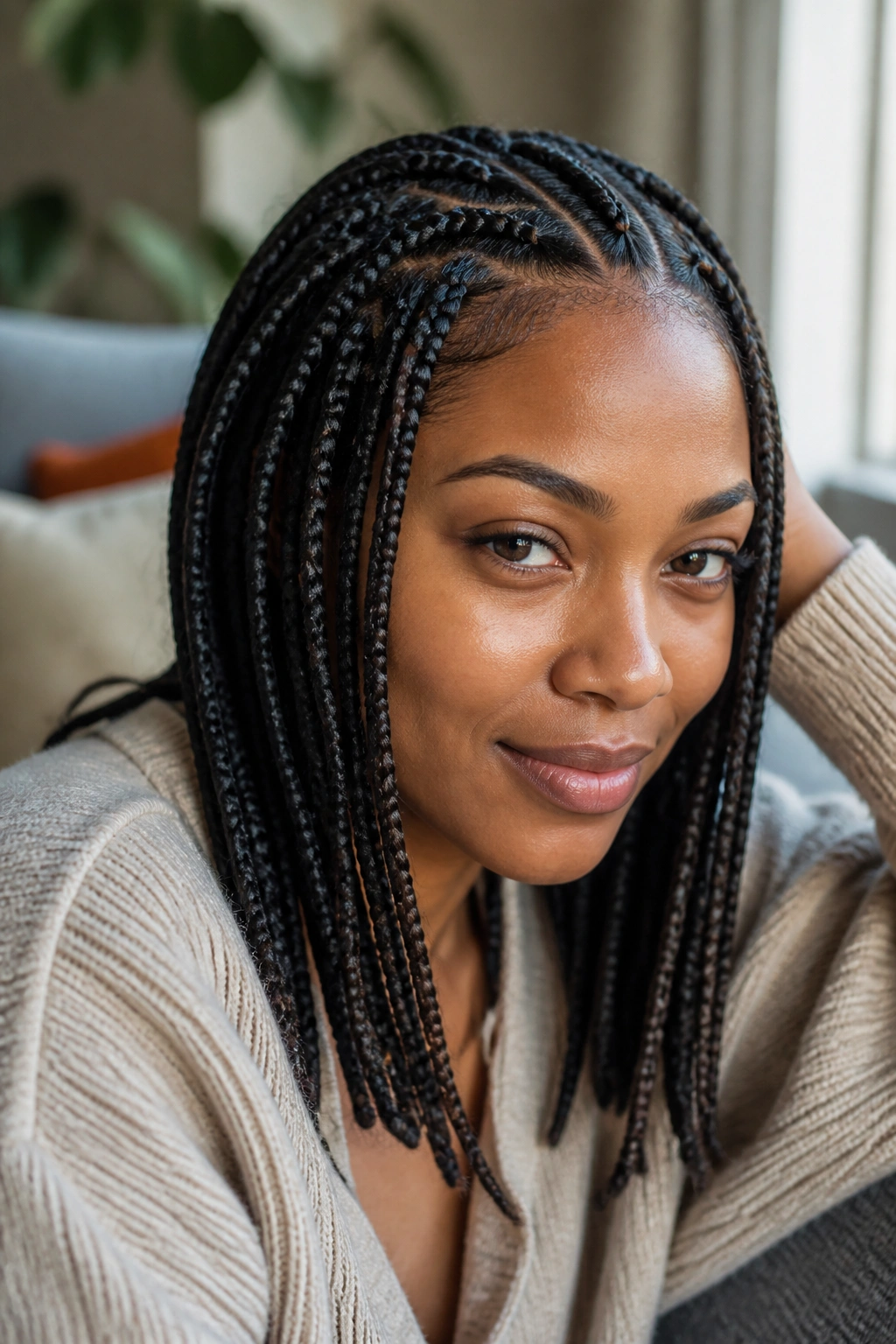 Close-up portrait of a woman with medium knotless braids under natural window light