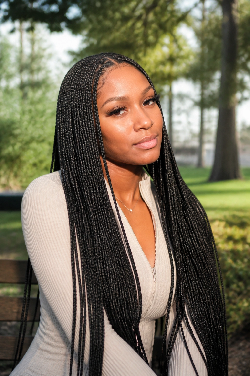 Close-up of a real woman with extra-long knee-length knotless braids in an outdoor setting.