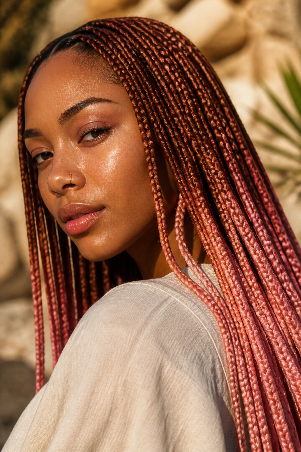 Close-up of a real person with russet brown to salmon pink knotless braid gradient in natural light