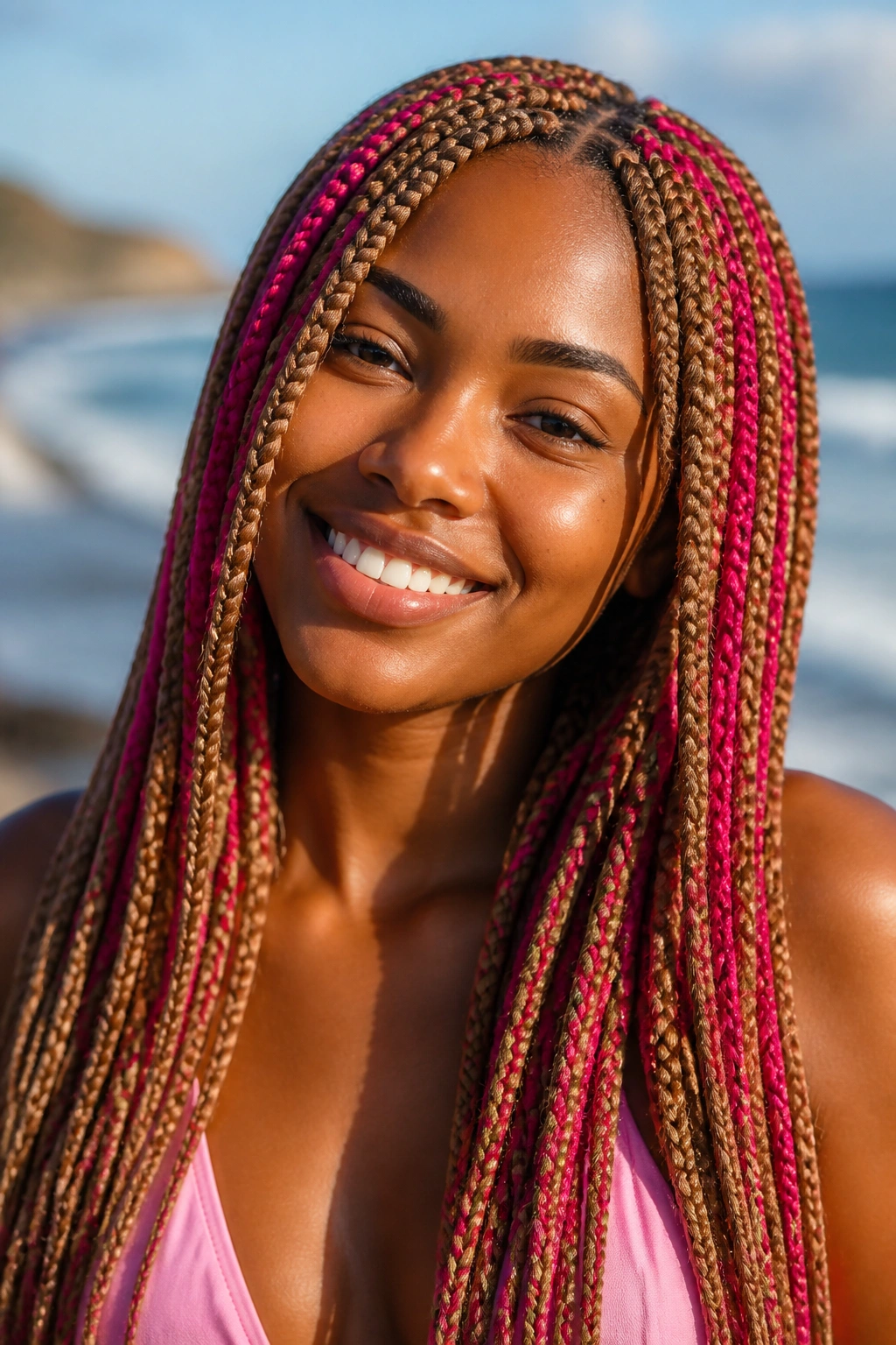 Close-up of a real woman with sandy brown knotless braids and fuchsia highlights on a sunlit beach