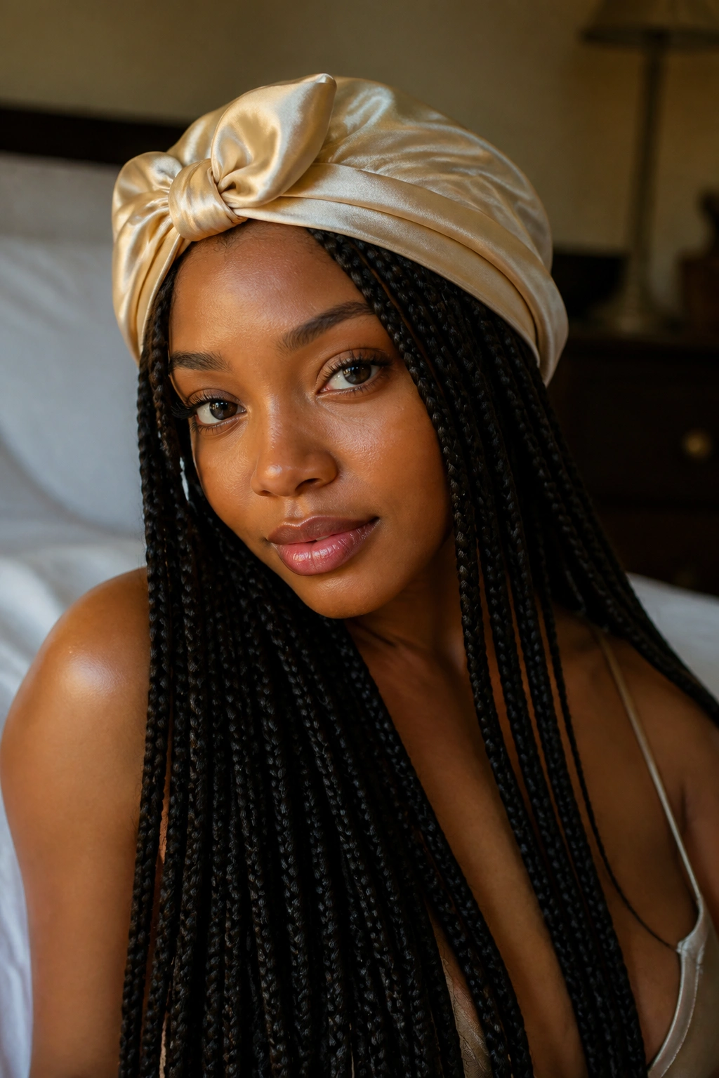 Close-up of knotless braids on a real woman wearing a satin scarf in a cozy bedroom