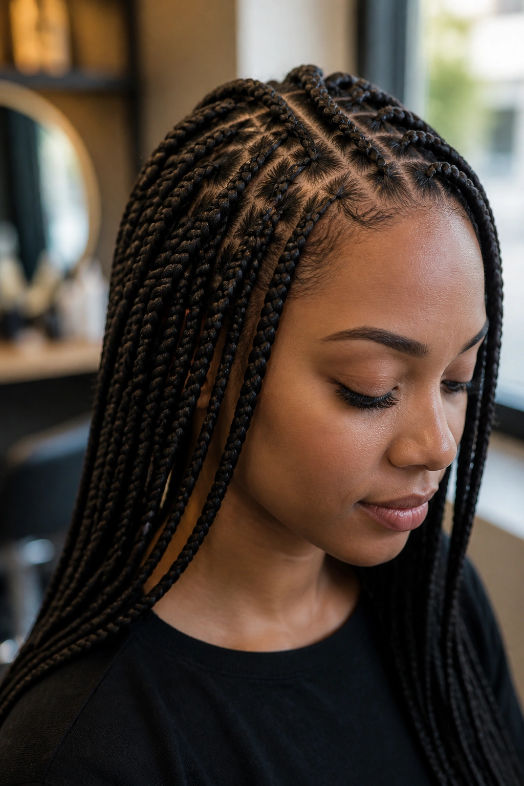 Close-up portrait of a real person with knotless braids and gentle root tension in salon