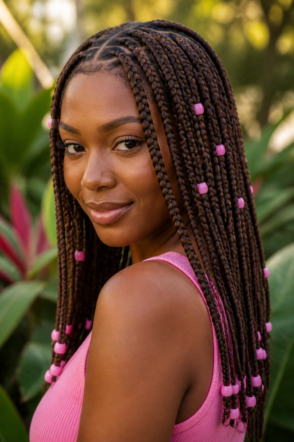 Close-up of a real person with umber knotless braids accented by flamingo pink beads in tropical light