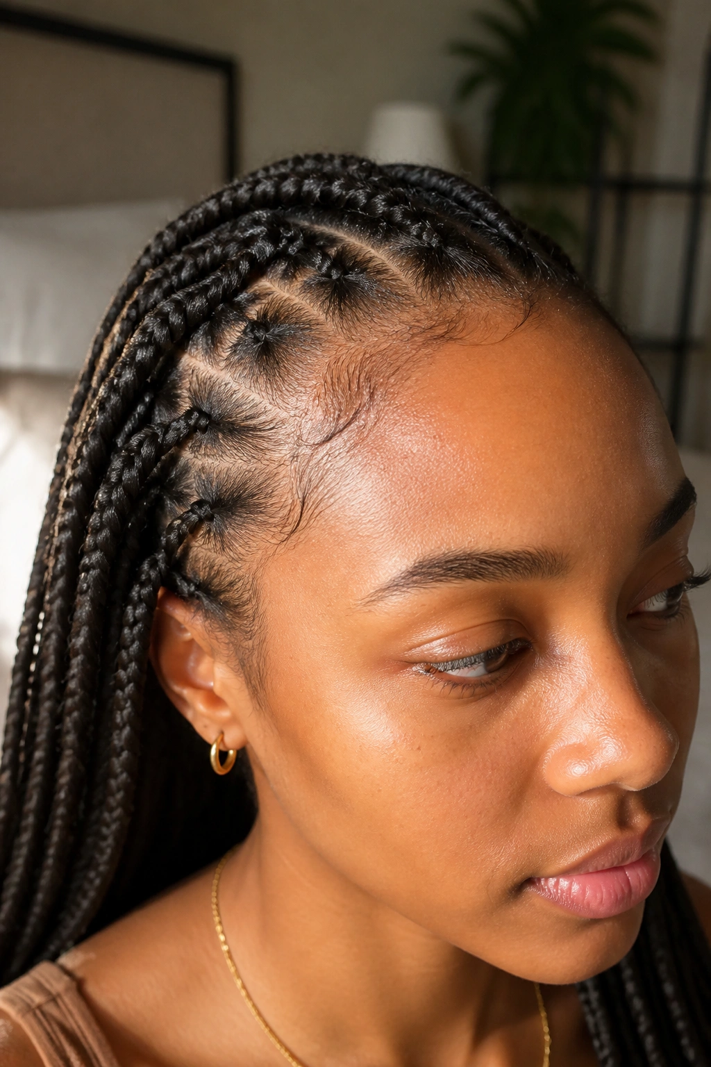 Close-up of knotless braid at hairline on a real woman