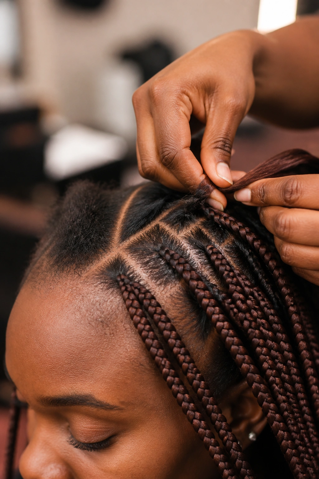 Close-up of a real person in a salon during knotless braid installation showing root parts