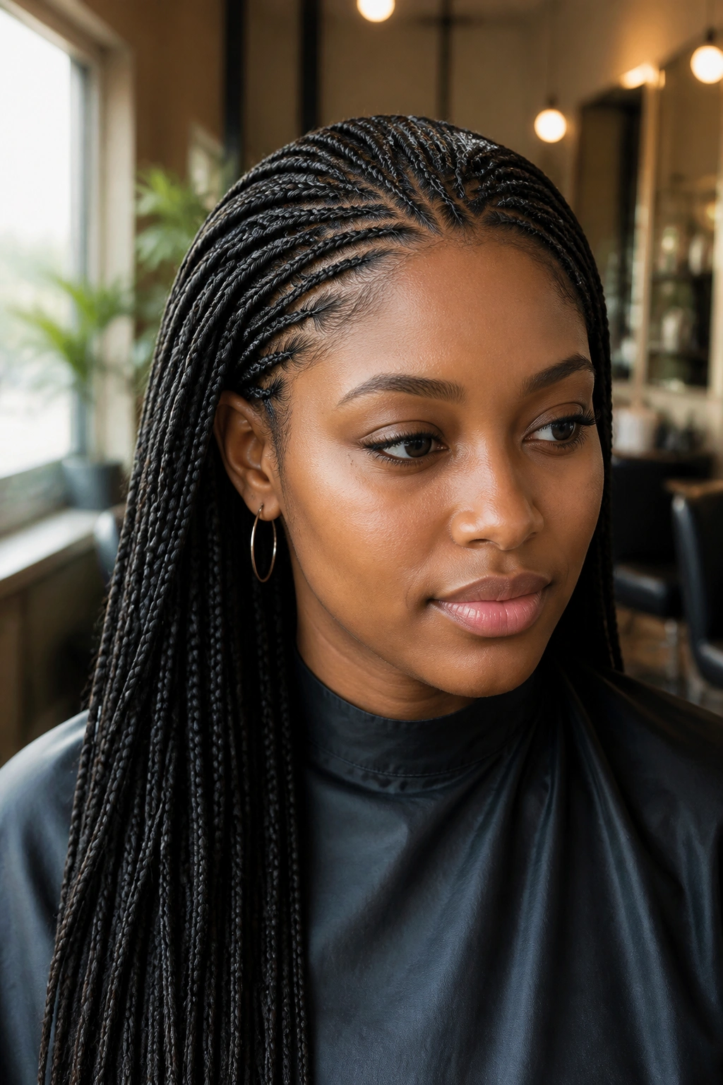 Close-up of a real woman with knotless micro braids starting at the scalp
