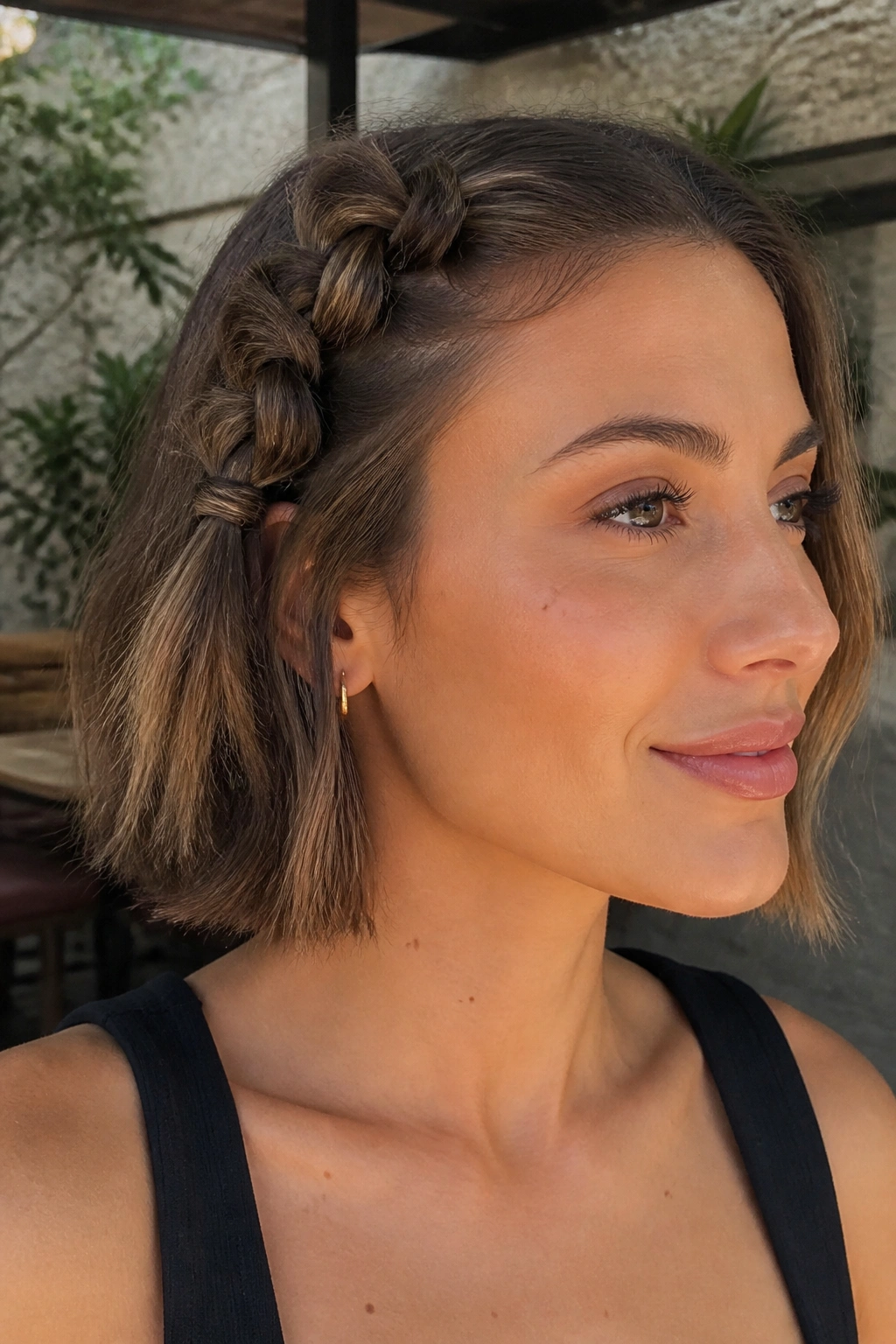 Close-up of a woman with a knotted braid on a chin-length bob