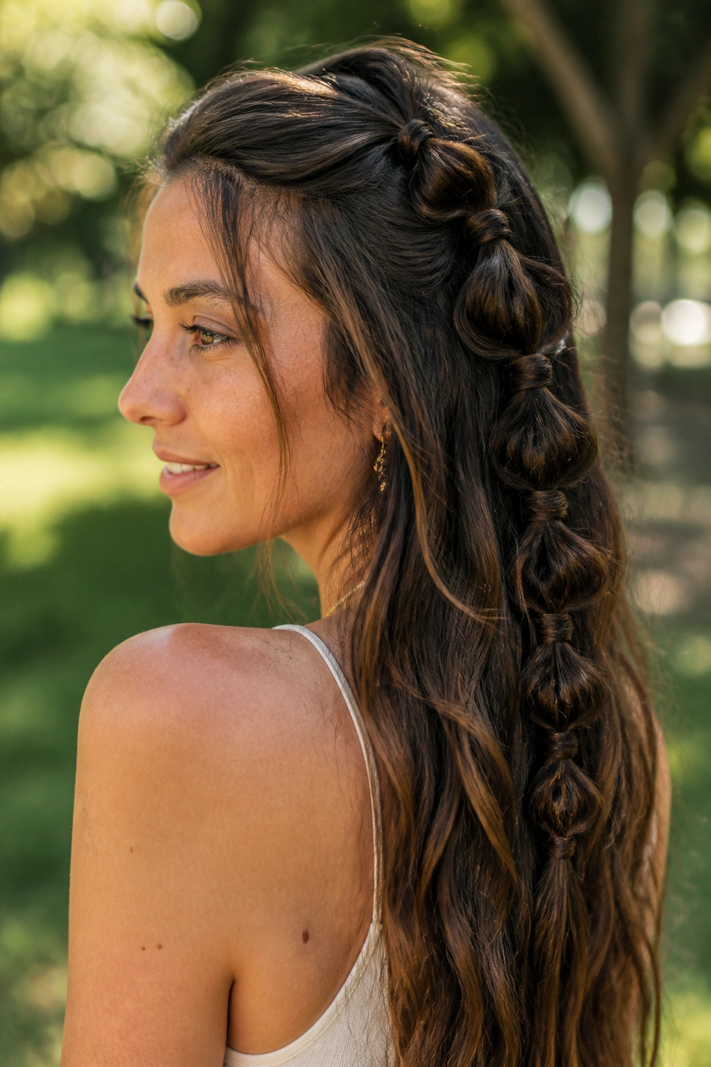 Close-up portrait of a real woman with knotted hair braid