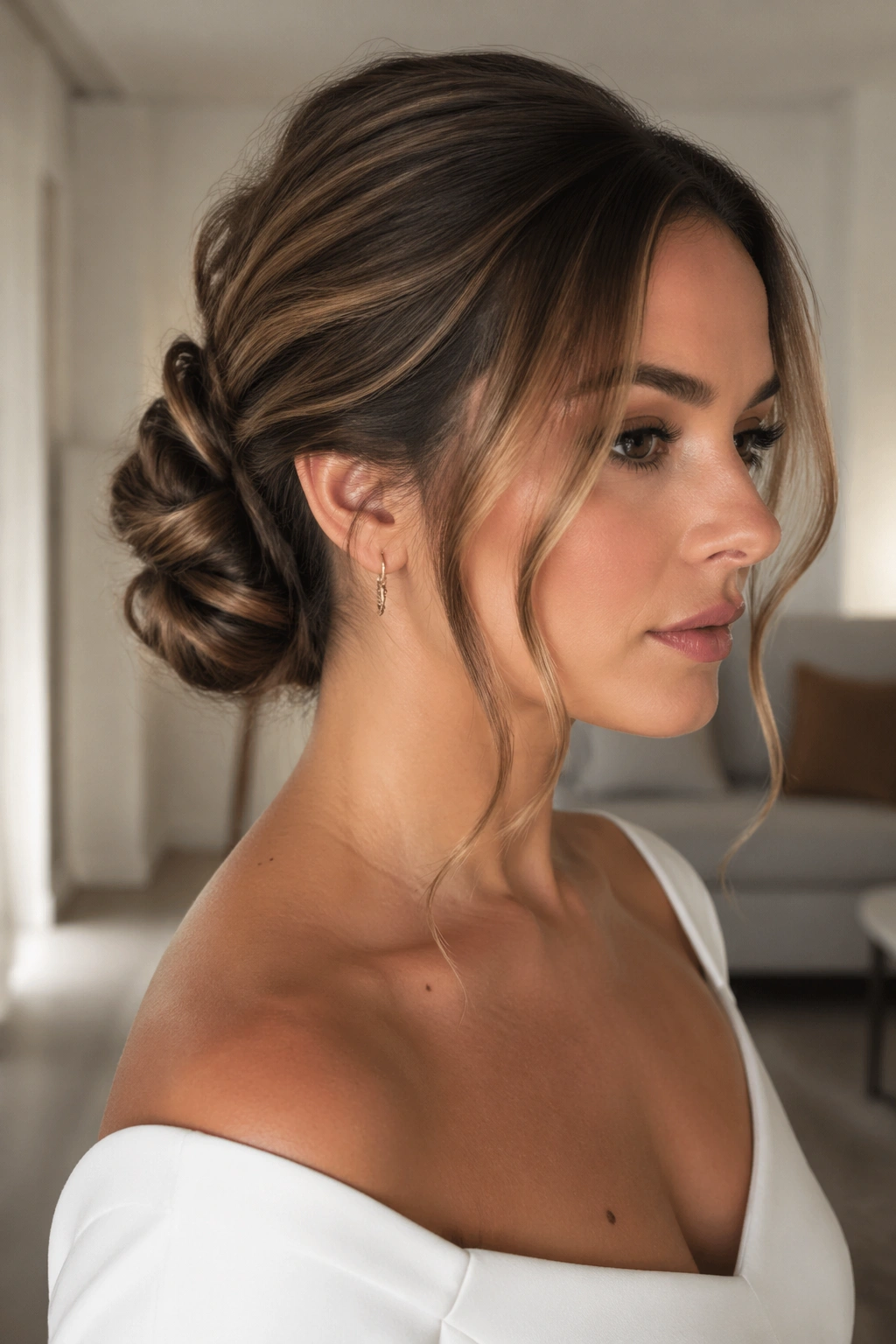 Real woman wearing a knotted updo with two knots and face-framing pieces.
