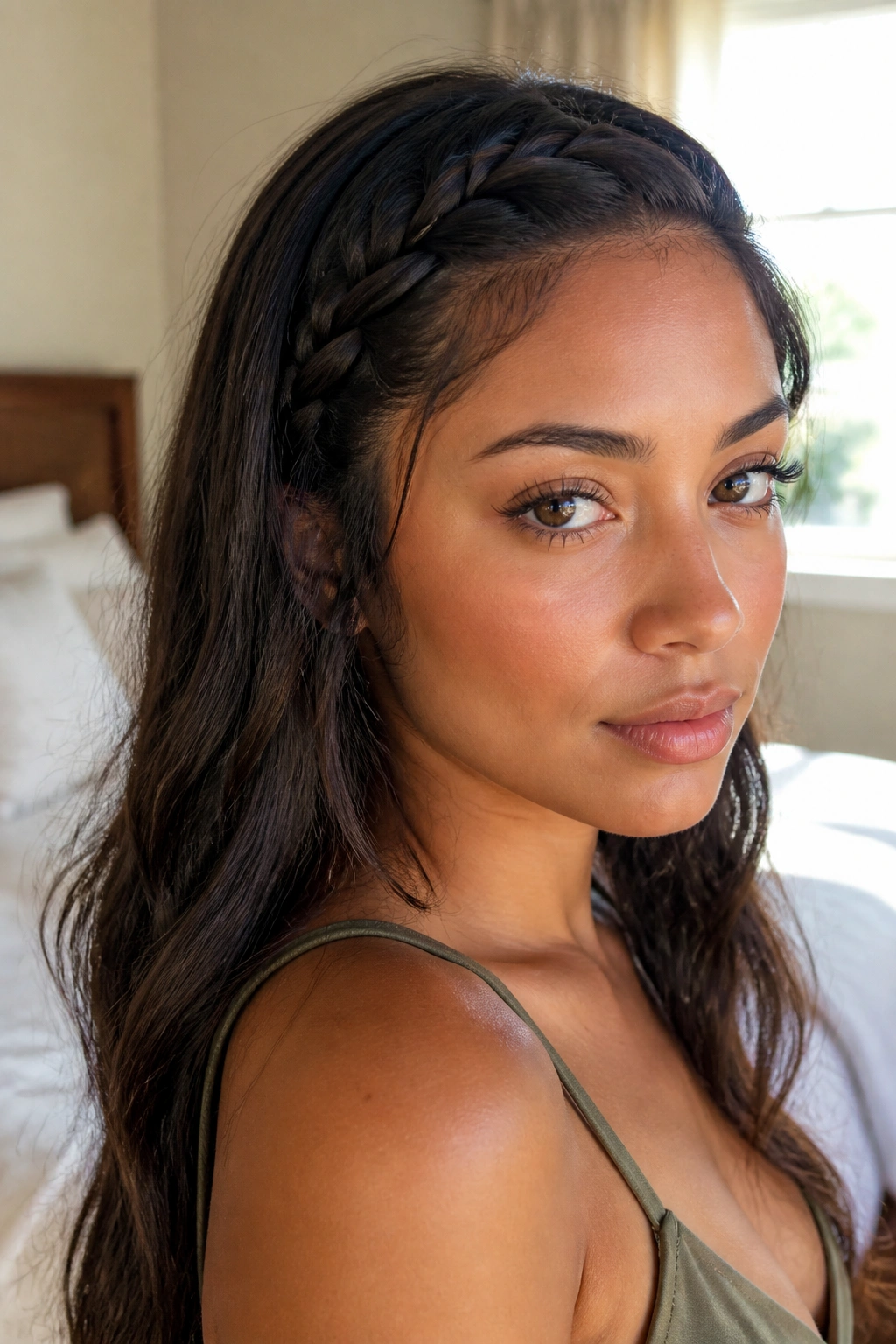 Close-up portrait of a real woman with a lace braid along the front hairline