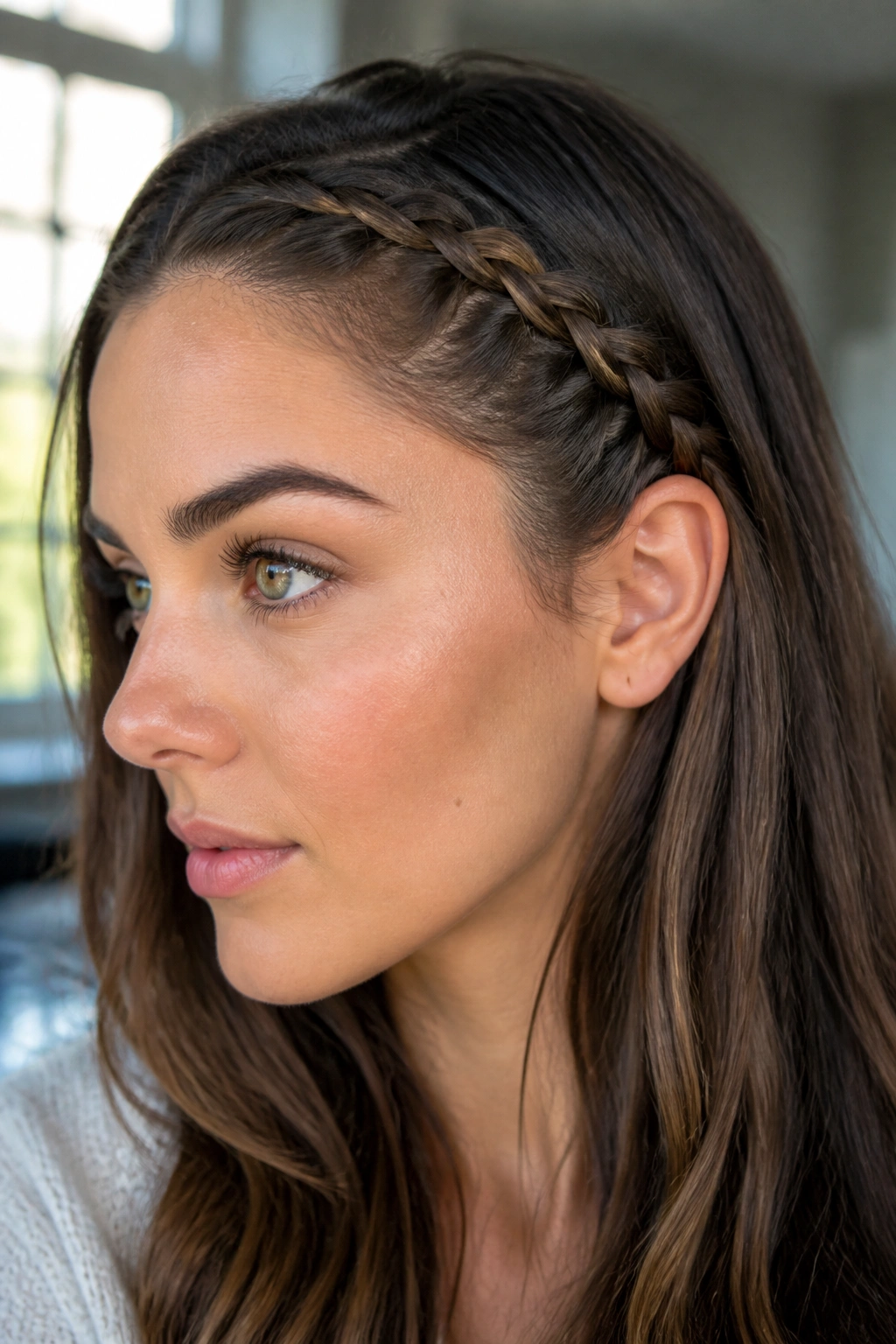 Close-up of a real woman's hairline with a delicate single-sided lace braid