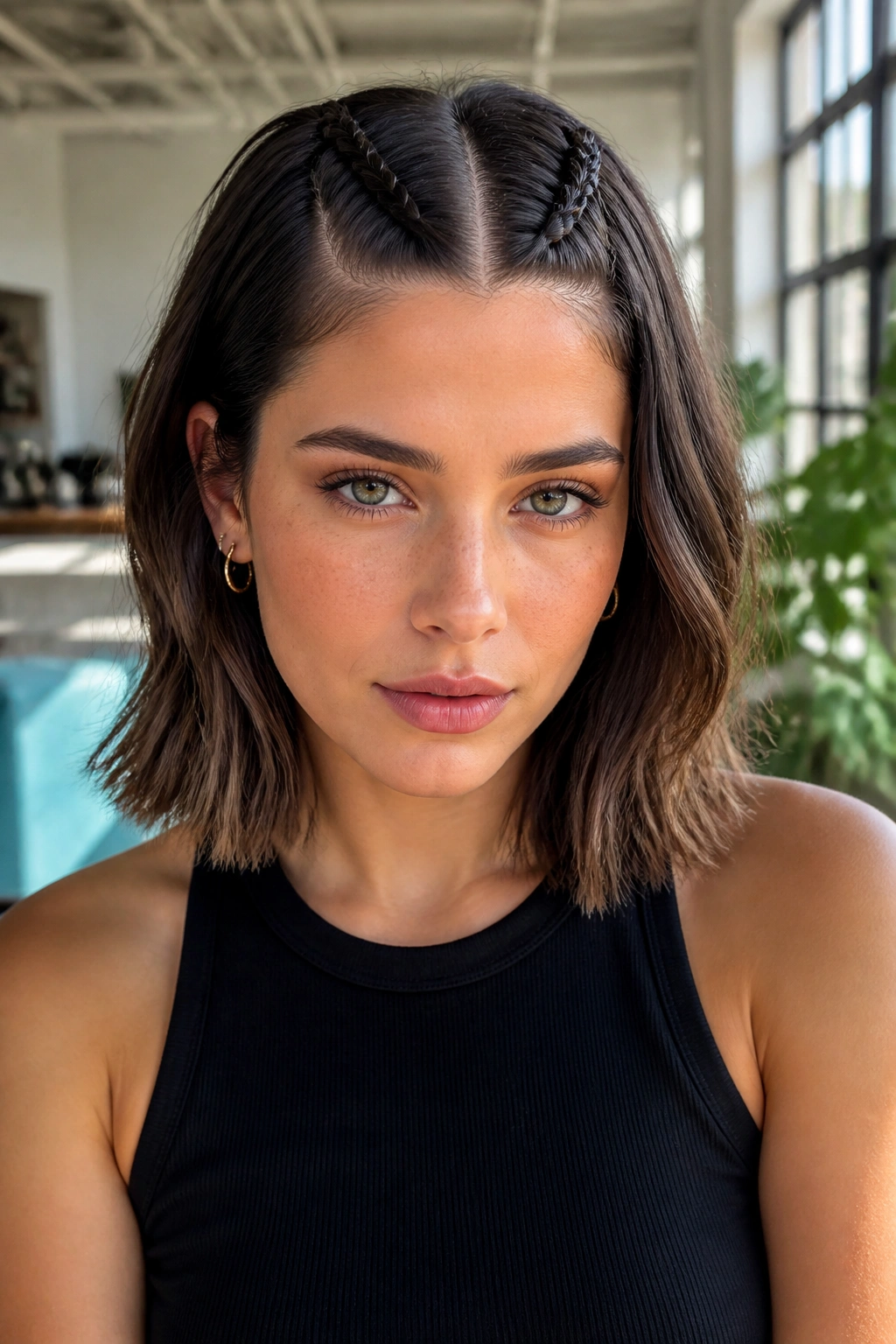 Close-up of a real woman with two parallel lace braids accenting the lob.