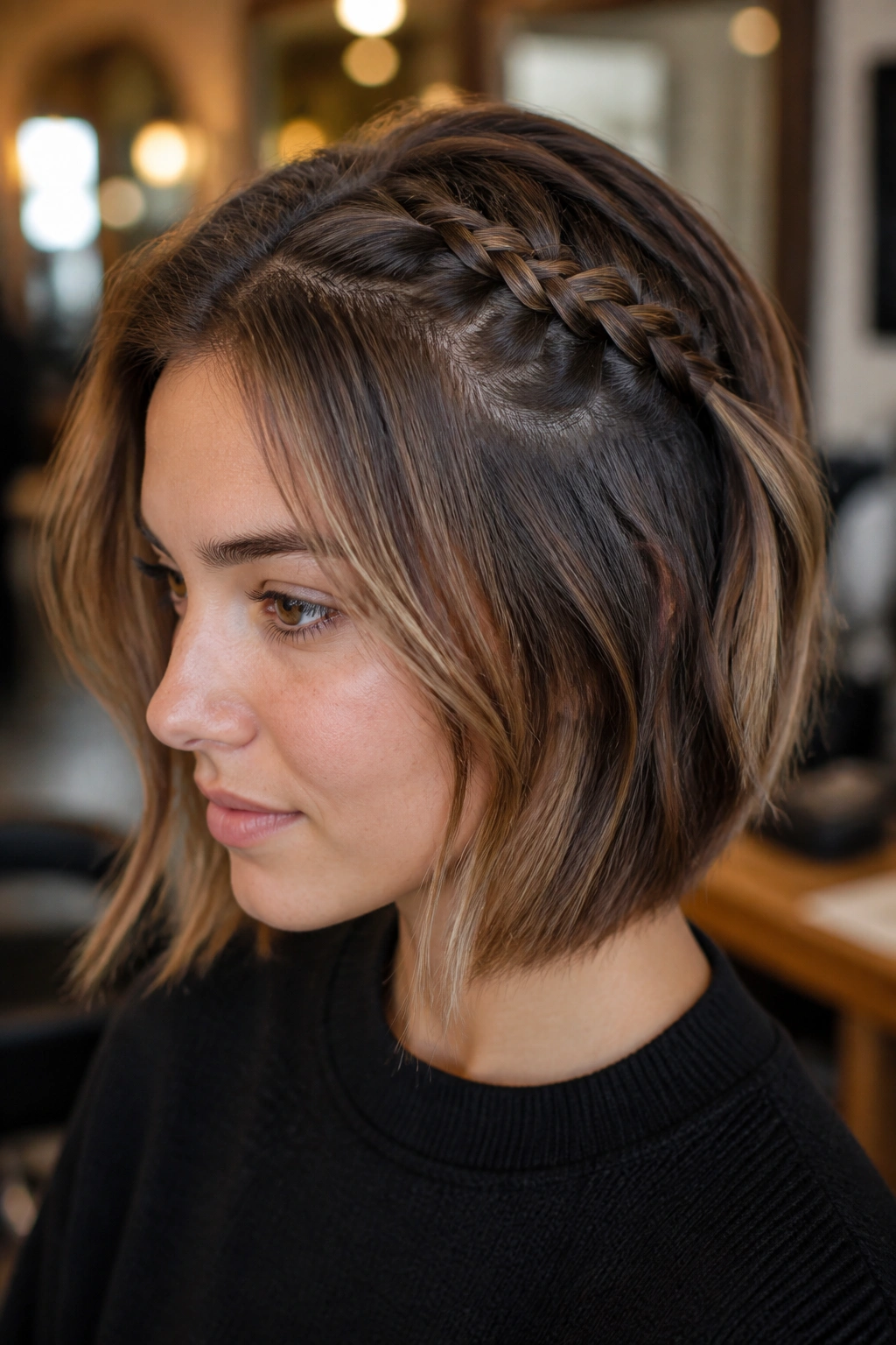 Close-up of a real person with a lace braid along the crown over bob hair