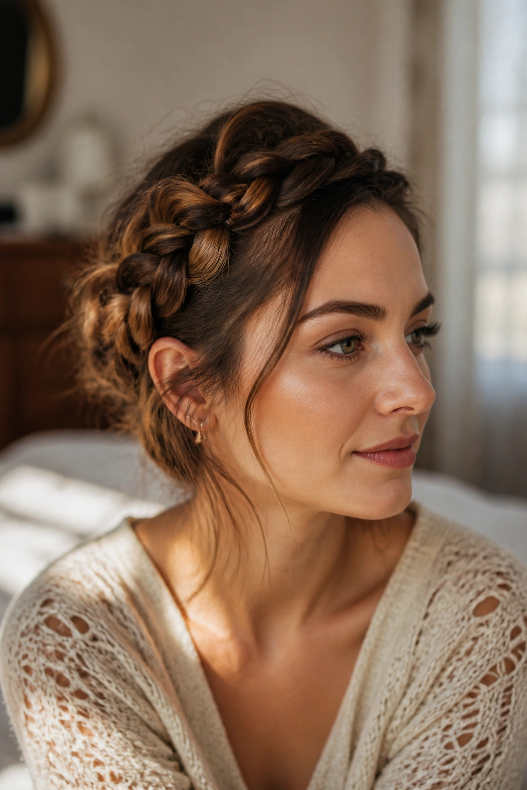 Close-up of a woman wearing a textured bohemian lace halo crown in warm window light