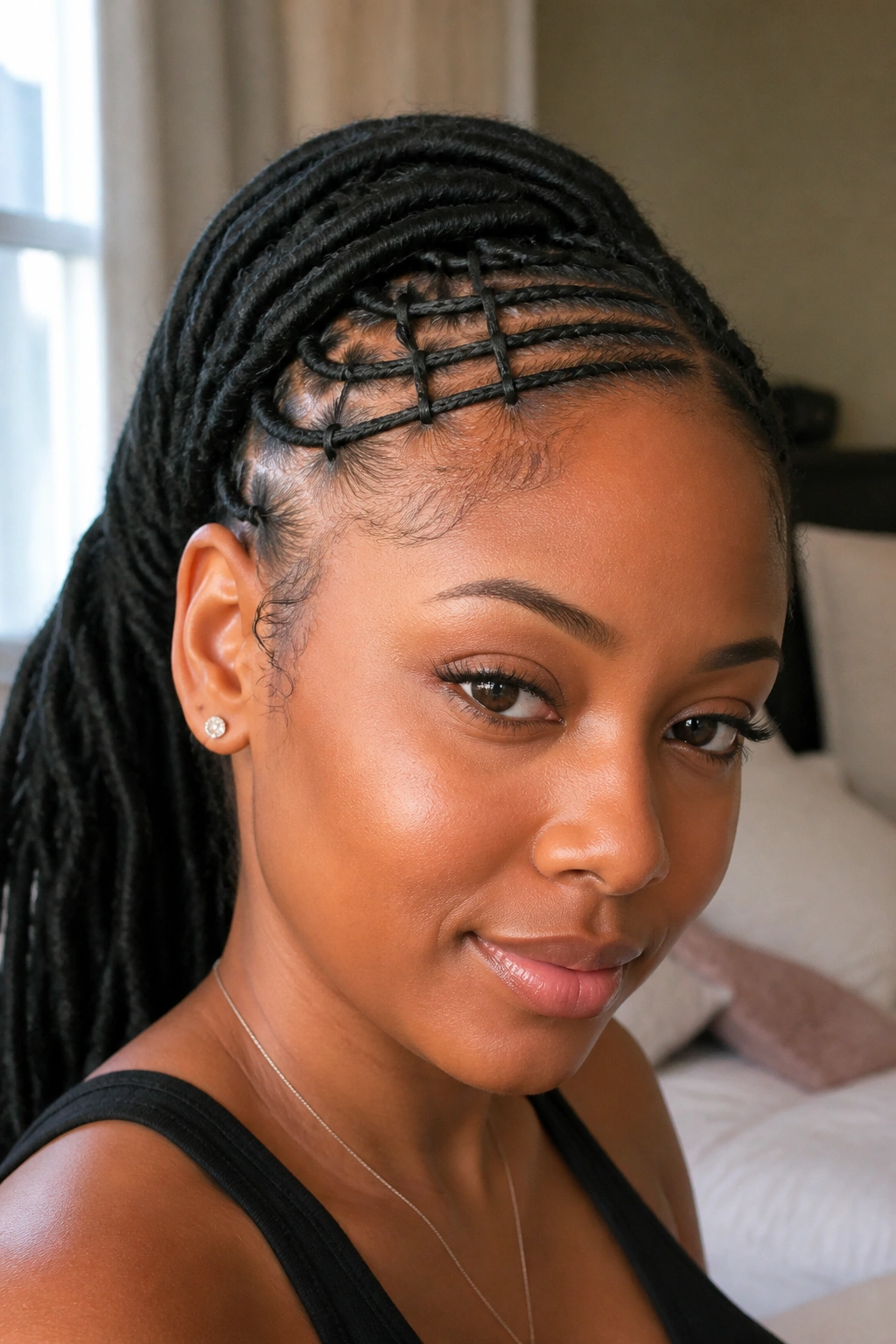 Close-up of horizontal ladder braids along the front hairline on a real person