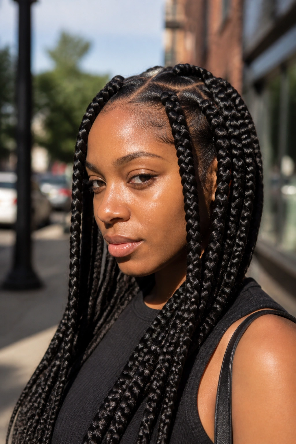 Close-up of a real person with large jumbo box braids.