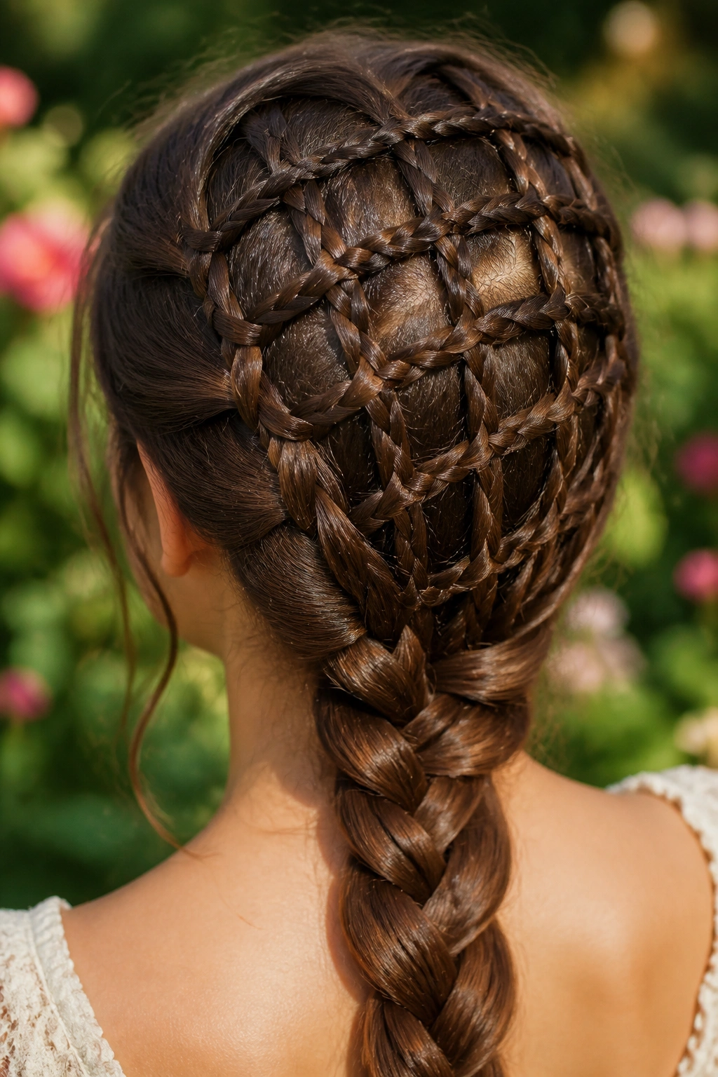 Back-of-head close-up of a real woman with a lattice braid across the crown
