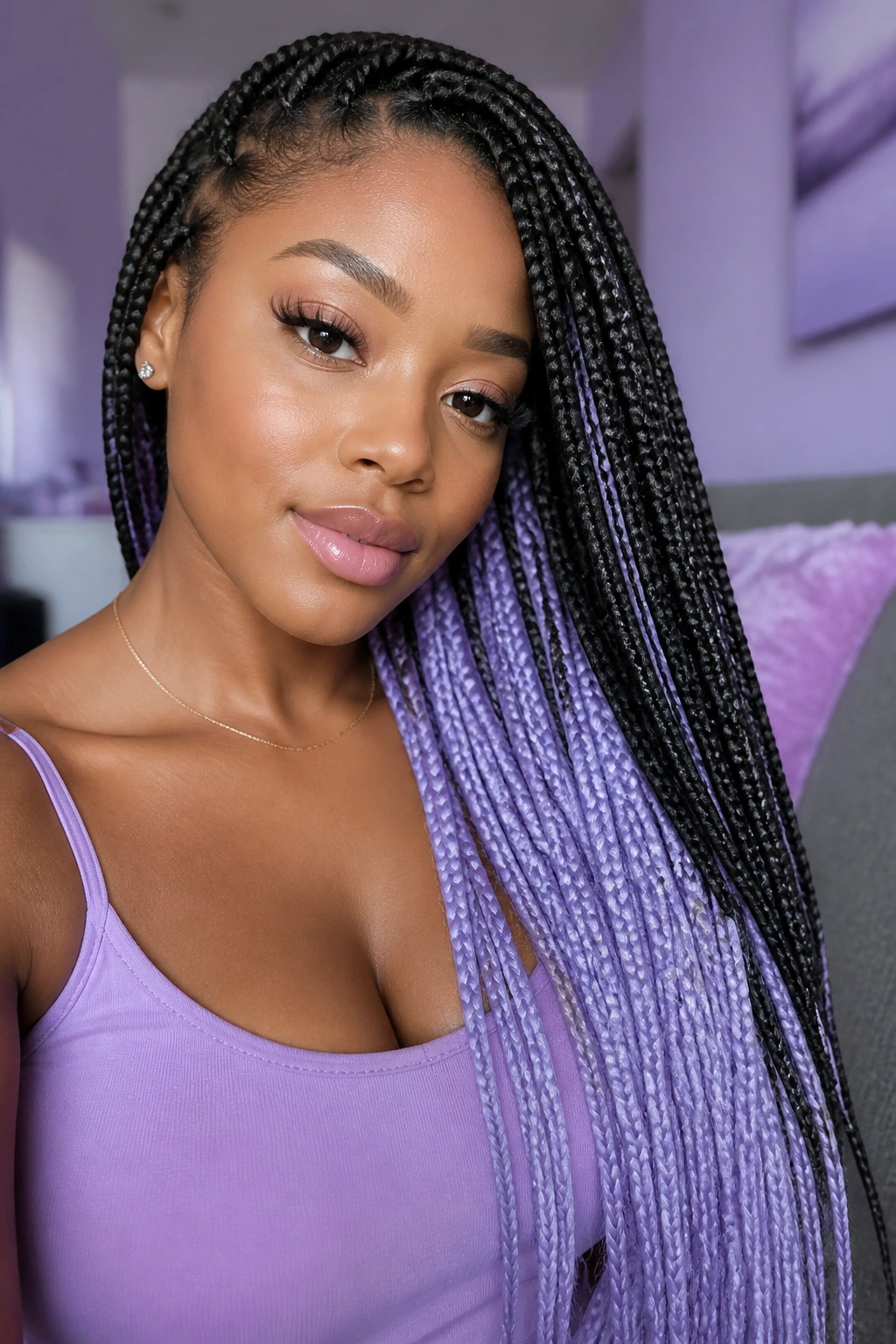 Close-up portrait of a real woman with lavender peekaboo in box braids