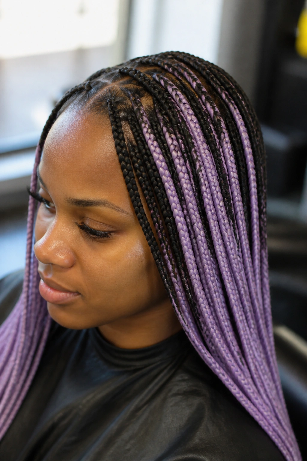 Close-up of a real person with lavender peekaboo braids under a dark base in natural light