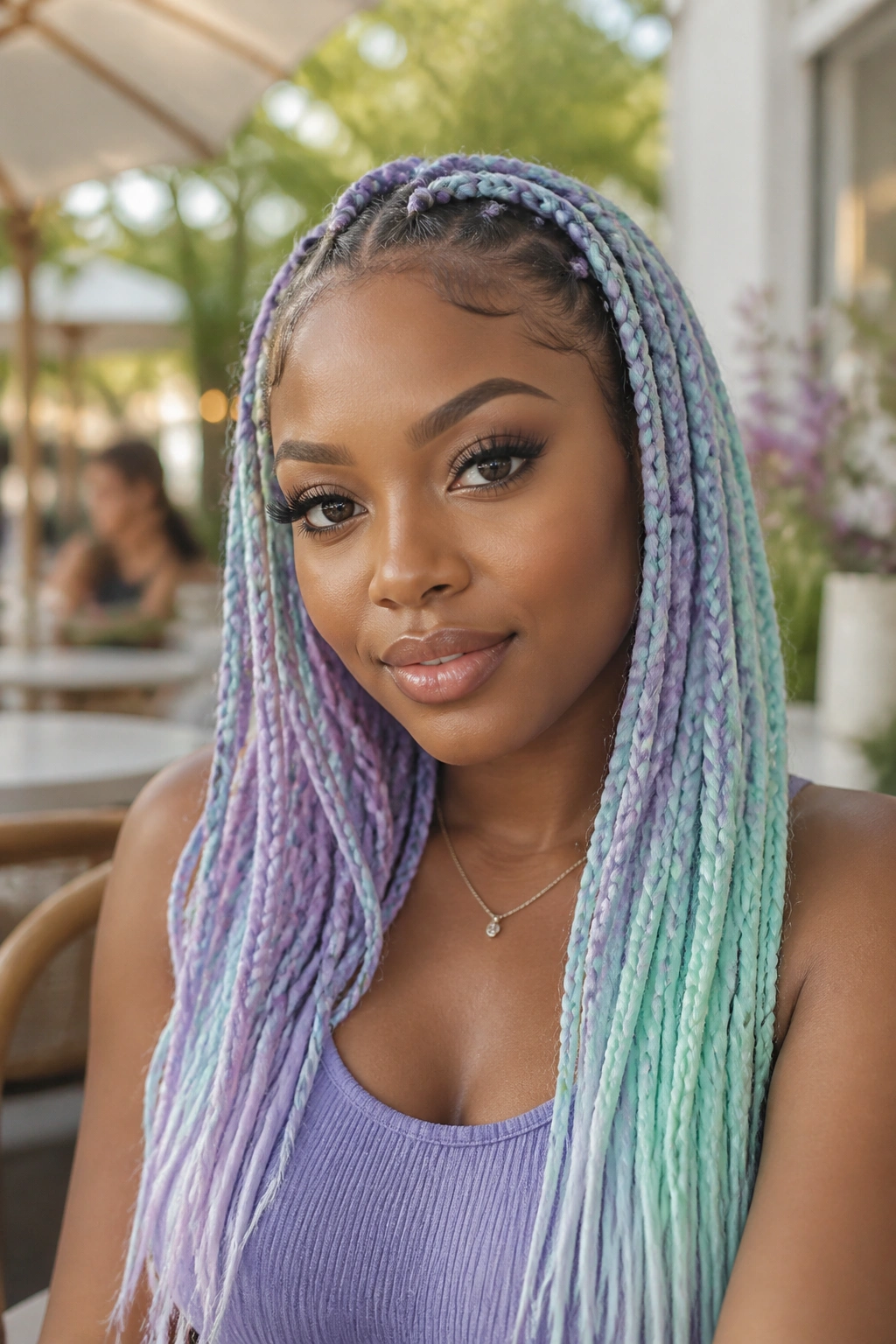 Close-up of a real woman with lavender and mint box braids in a pastel setting