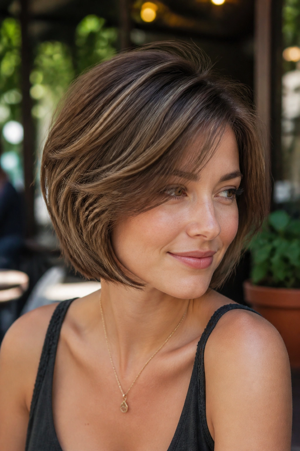 Close-up of a real woman with layered bob hairstyle in outdoor cafe