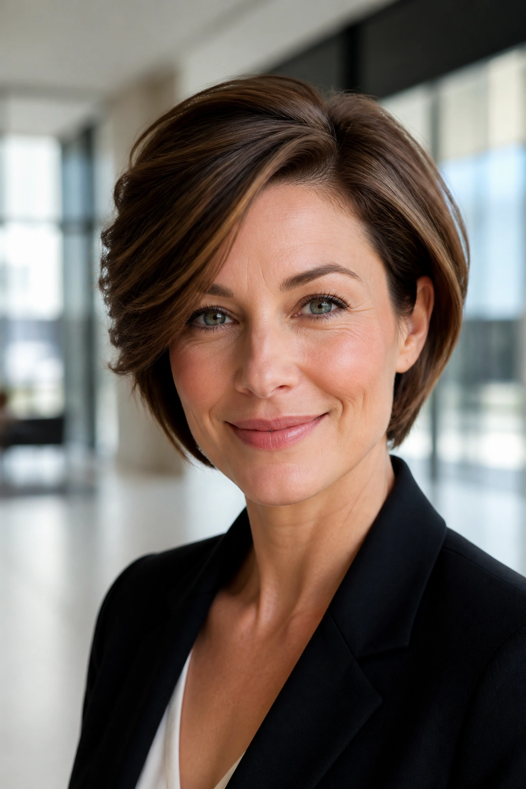 Portrait of a woman with brushed-back layered bob and side-sweep fringe in natural daylight.