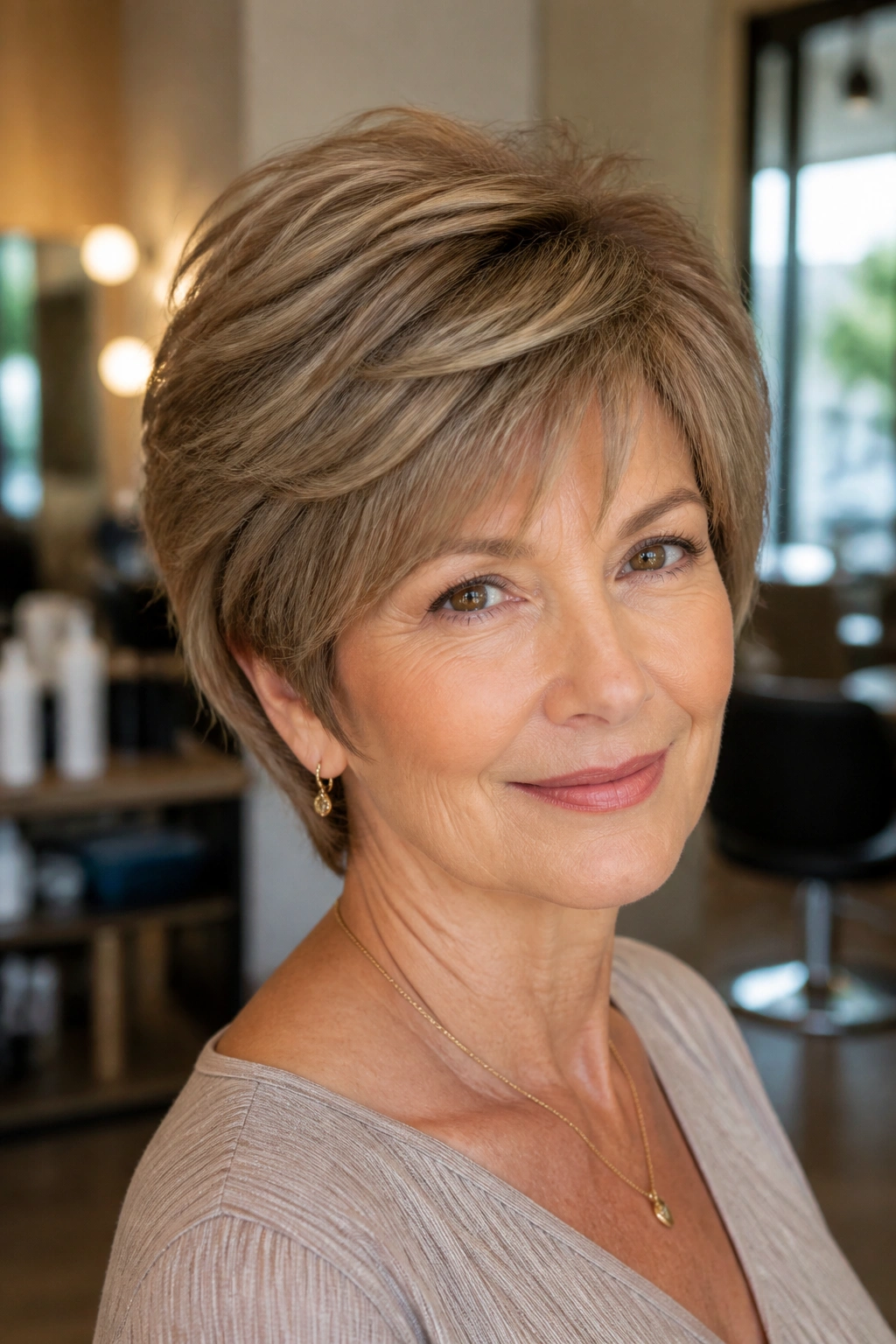 Close-up of a real woman with a layered crop for thick hair in a warm salon setting