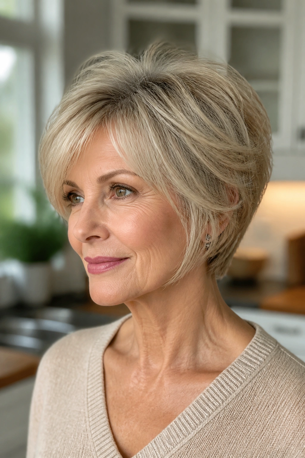 Portrait of woman with layered cut for fine hair showing crown lift