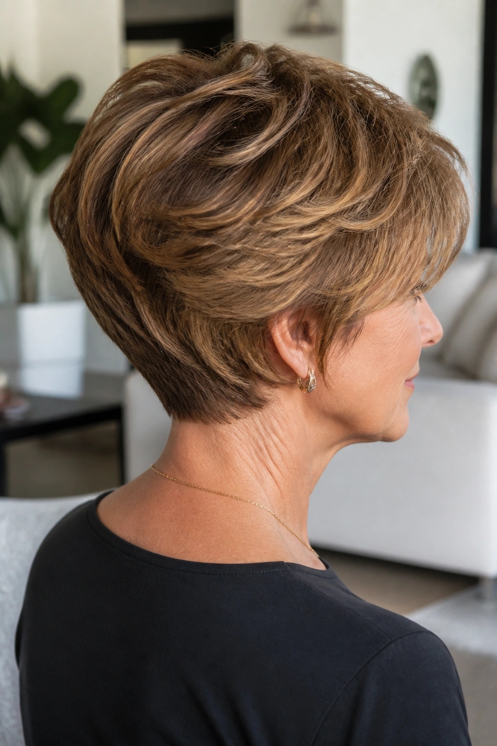 Portrait of woman with thick-hair layered cut showing defined layers and neat nape