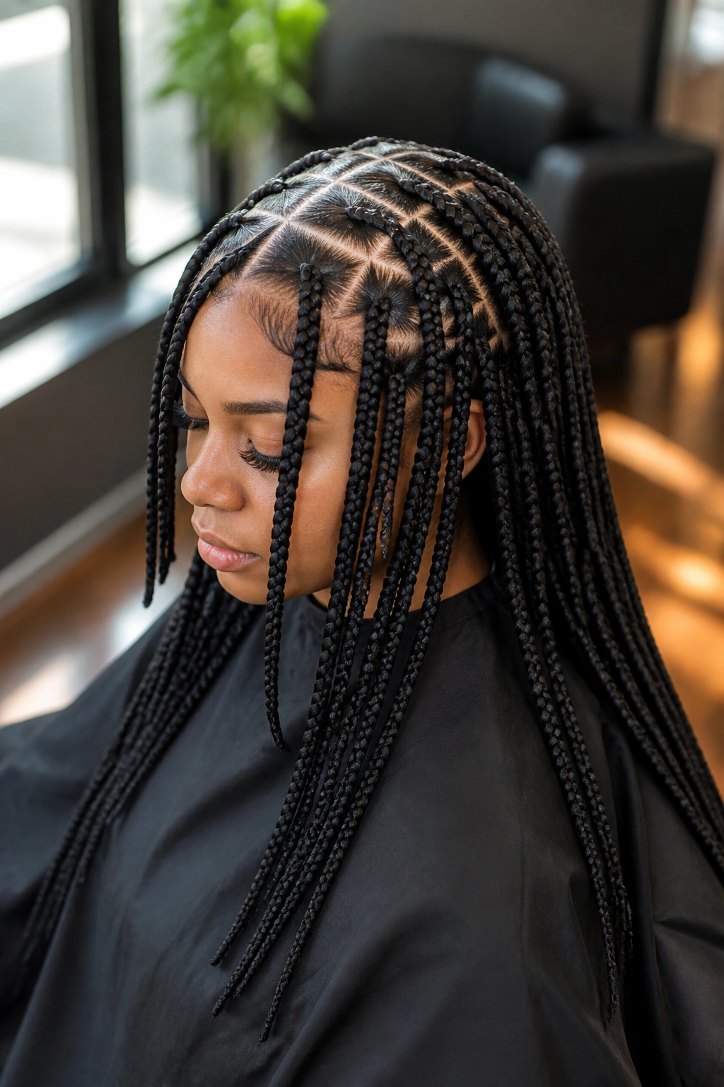 Close-up of layered geometric braids on a real woman's head in a salon