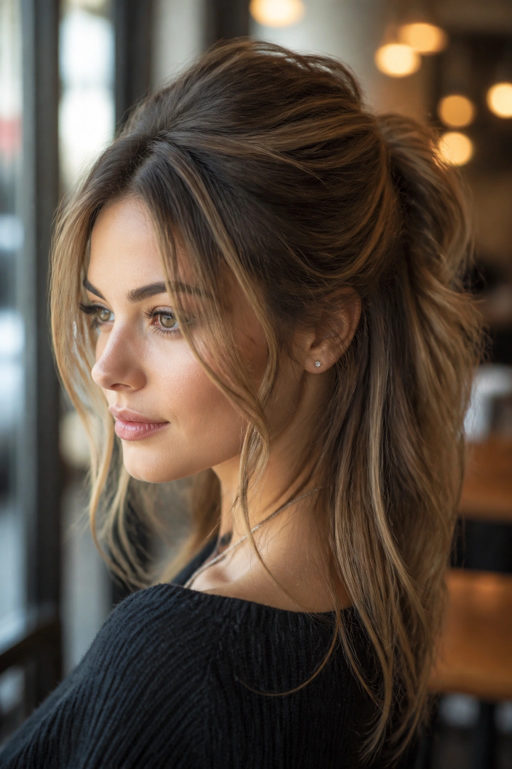 Close-up portrait of a woman with layered half-up ponytail in warm cafe window light.