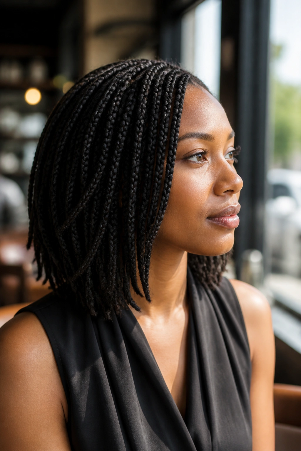 Close-up of a real woman with layered lob braids at collarbone length