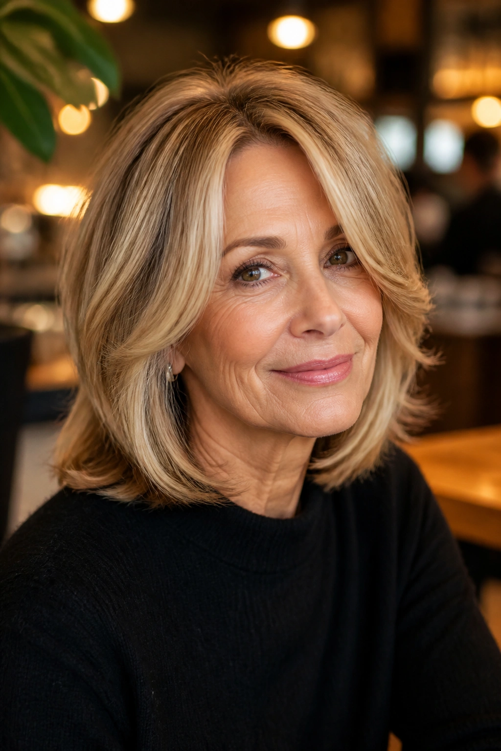 Close-up of a real woman with layered lob and face-framing pieces.