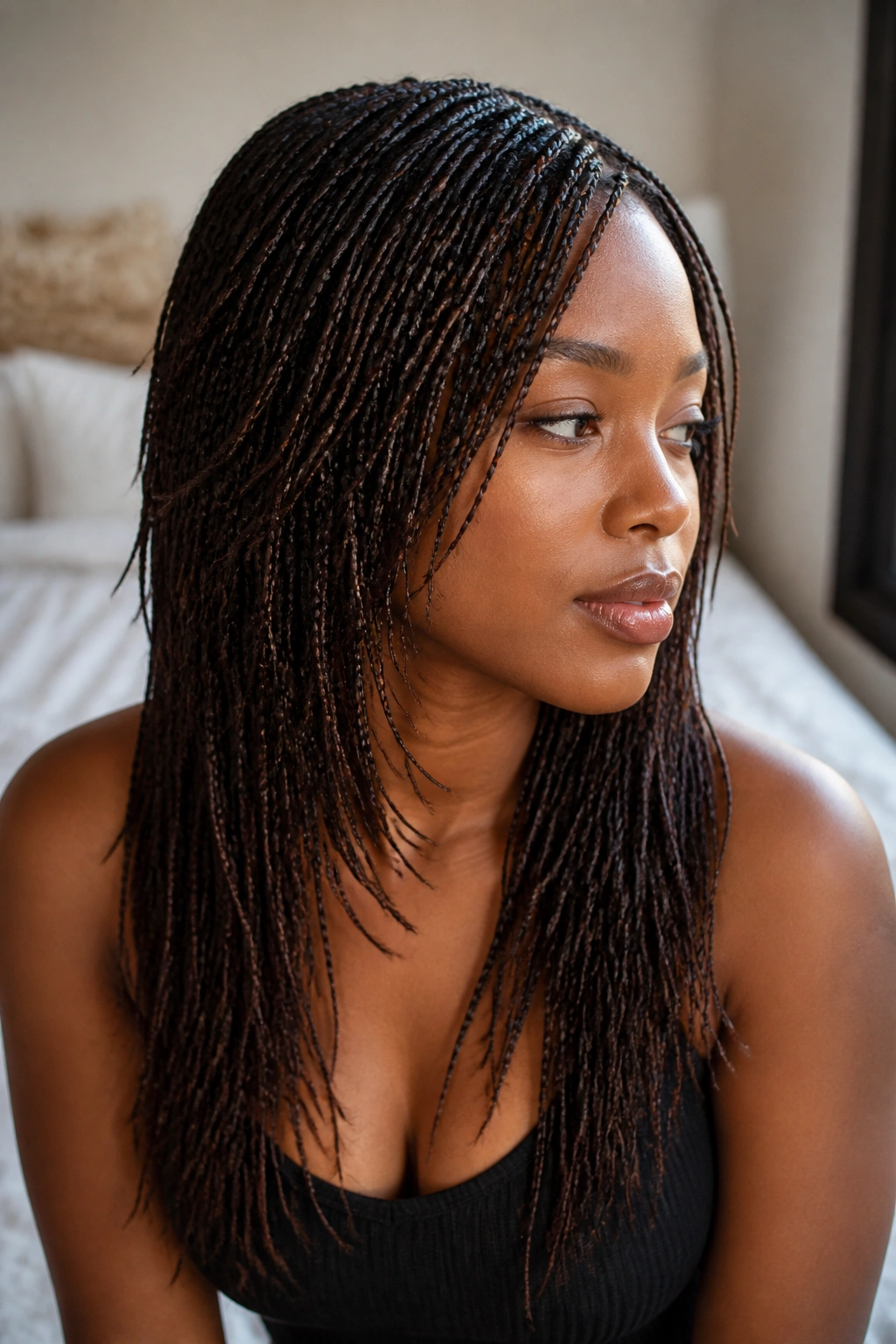 Close-up of layered micro braids on a real woman
