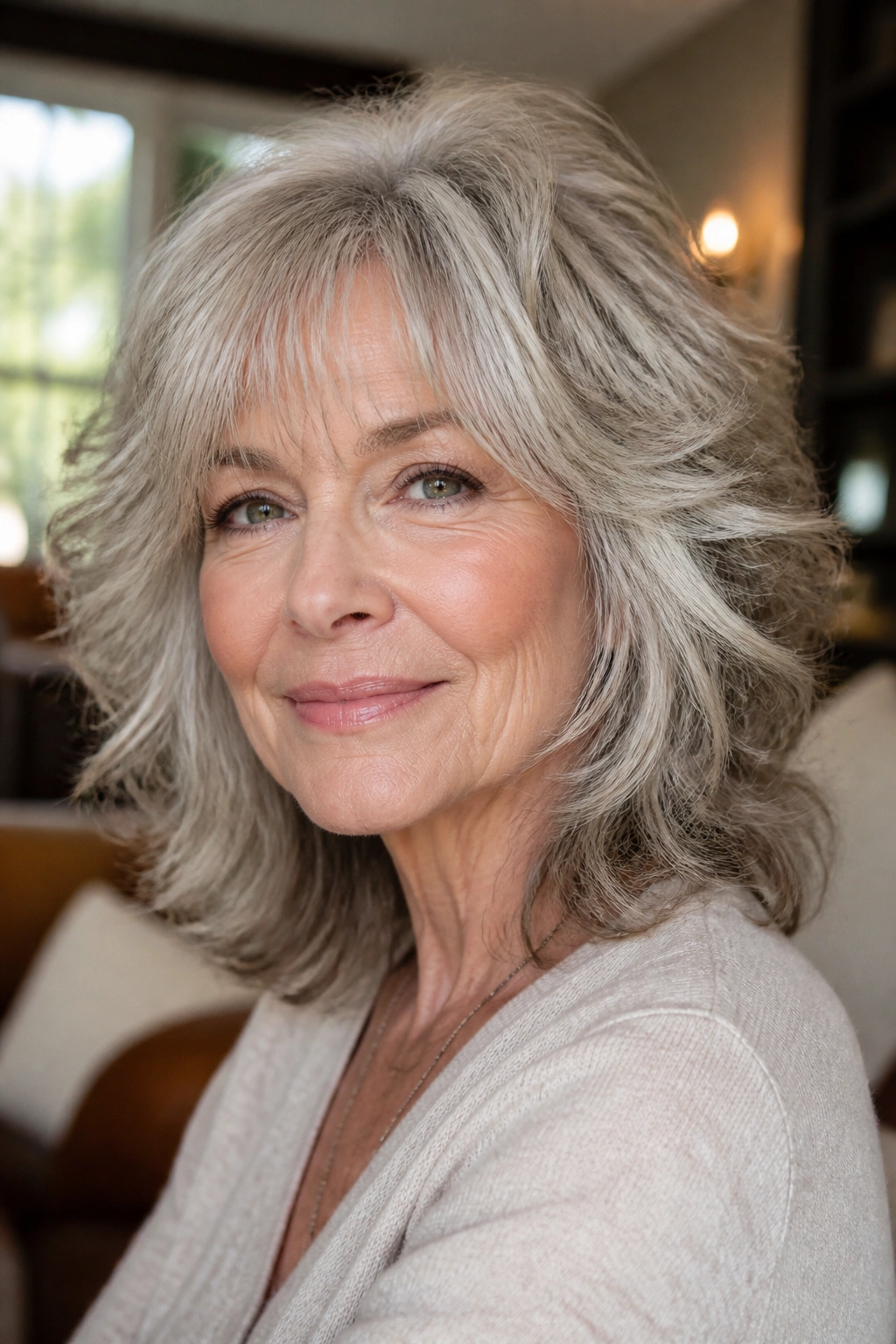Mature woman with layered shag and wispy bangs in natural light