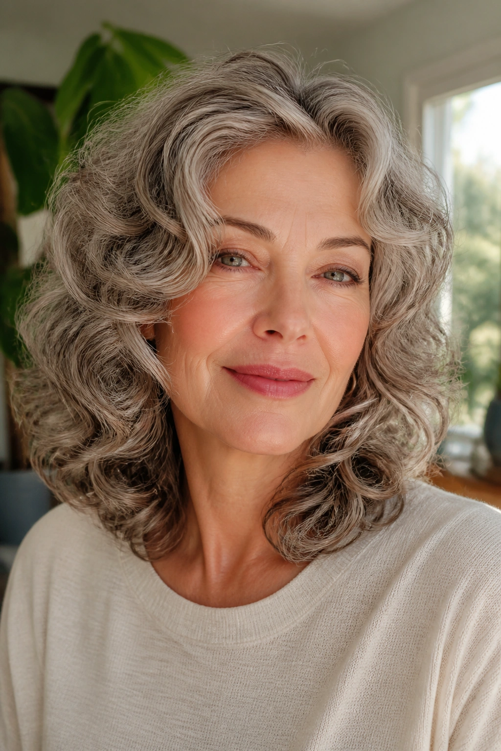 Close-up of an older woman with layered shoulder-length waves in a cozy room.