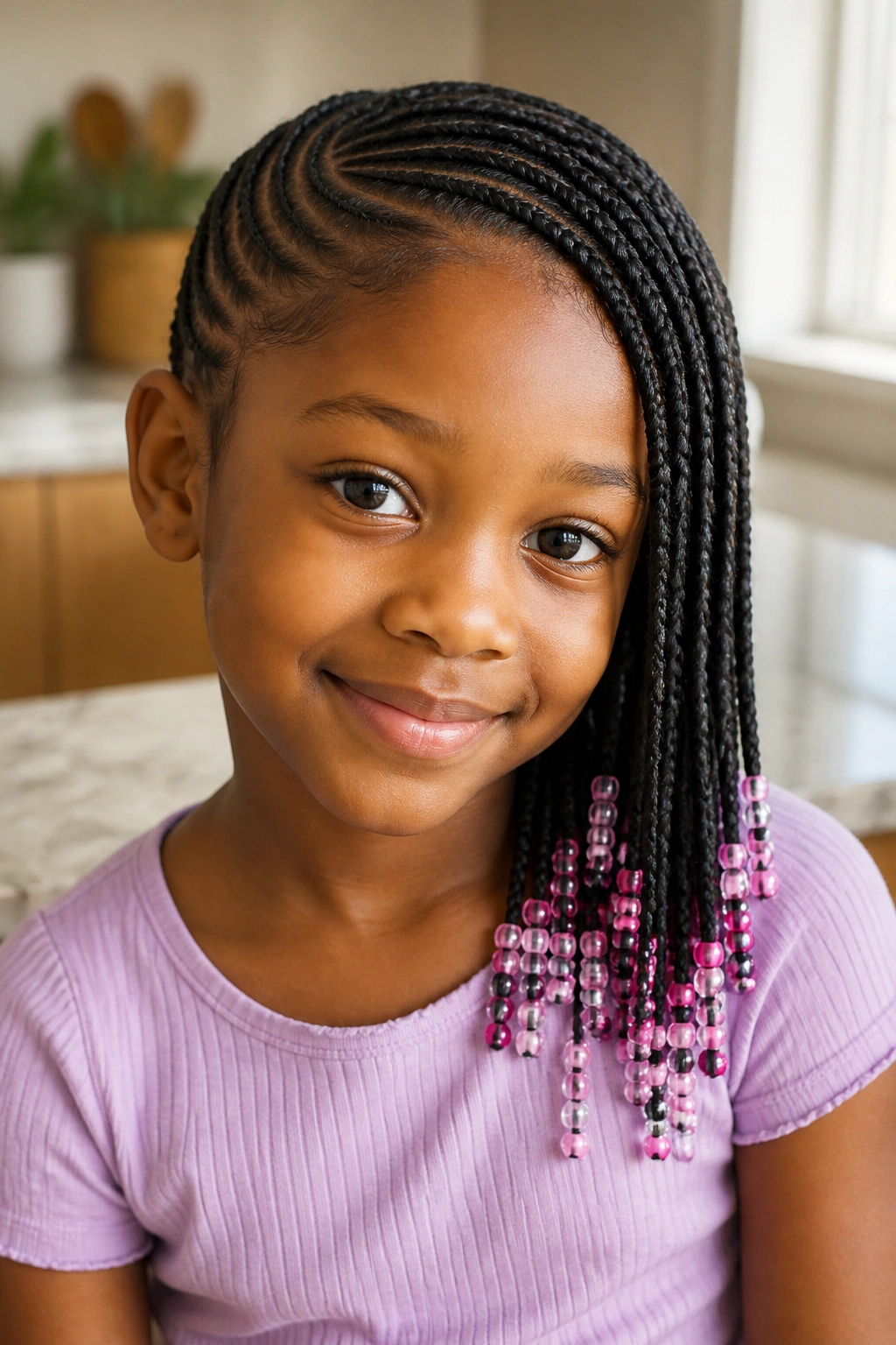 Close-up of child with side-swept lemonade braids across temple with beads.