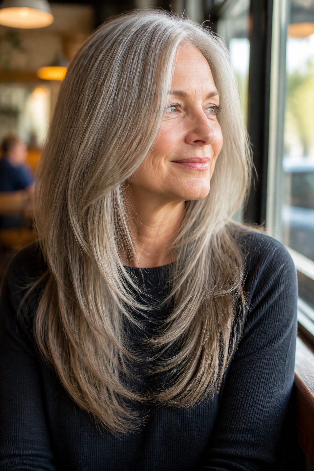 Medium close-up of a real woman with long soft U-shaped layers