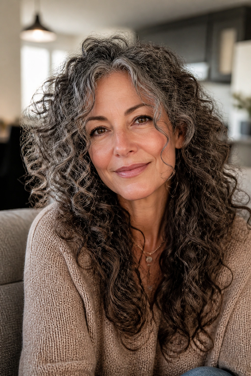 Real woman with long curls and face-framing tendrils in cozy daylight