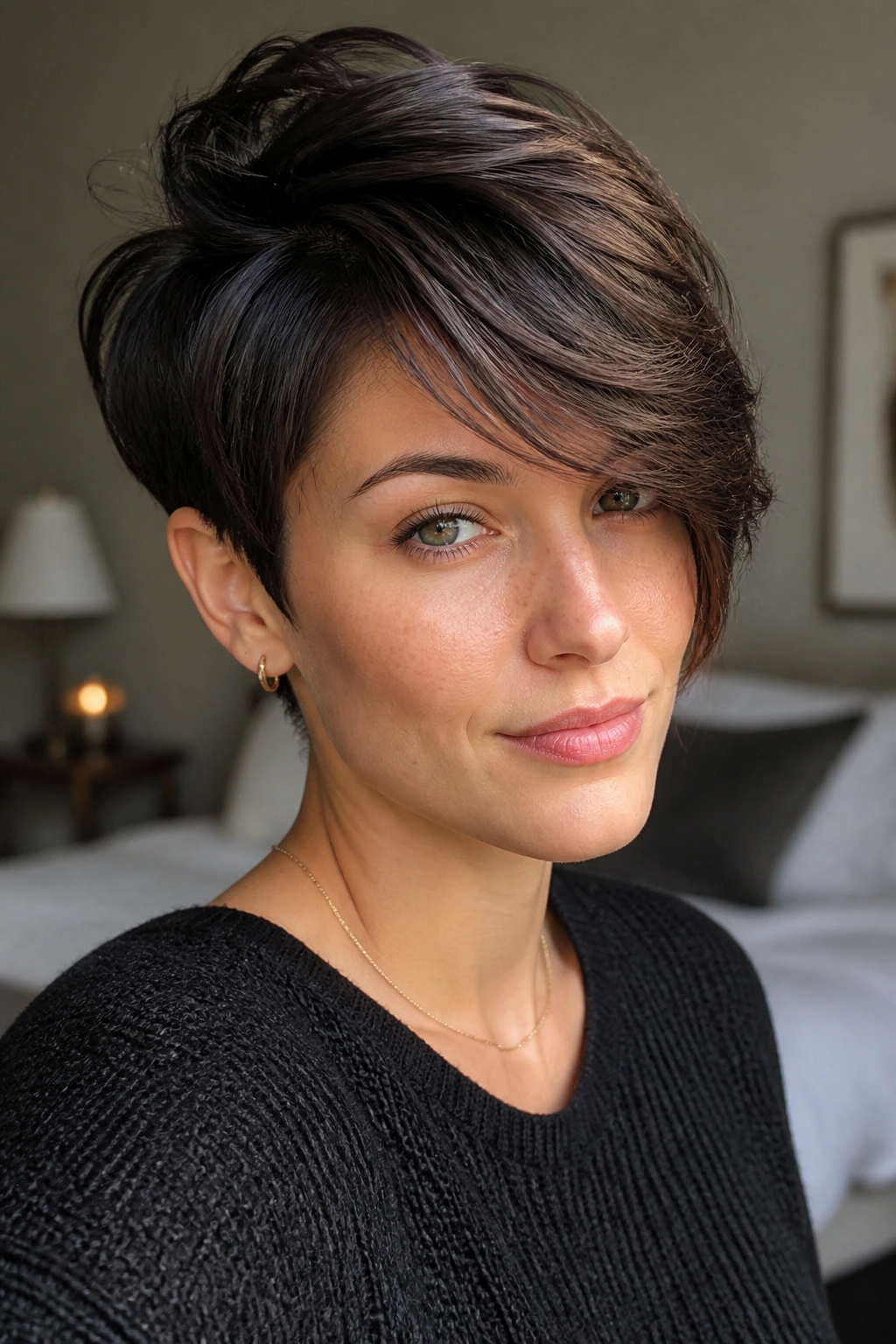 Close-up portrait of a real person with a long side-swept pixie